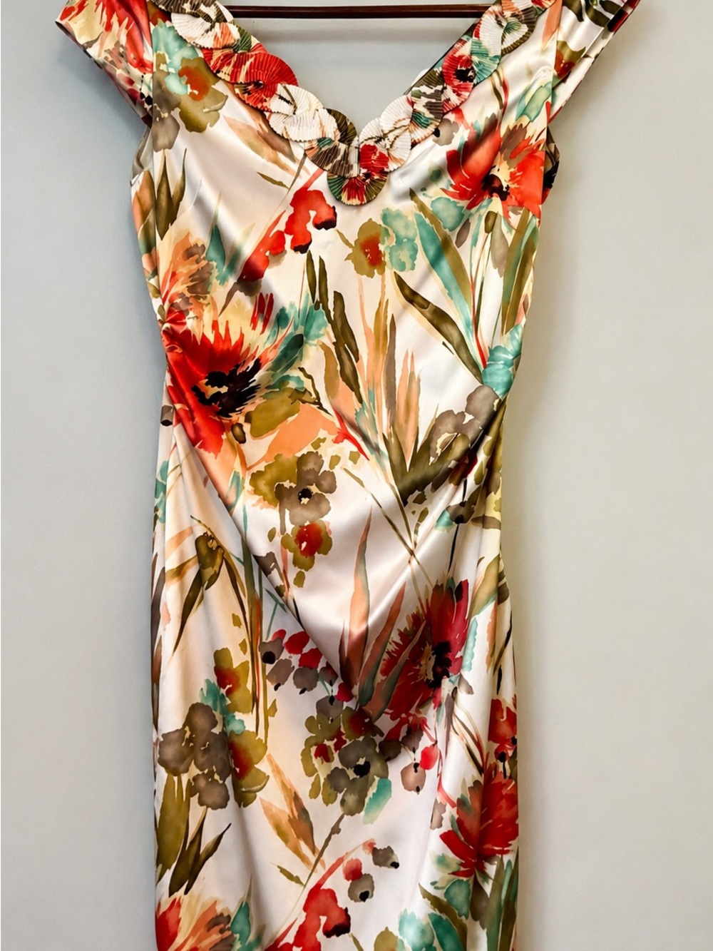 Maggie London Desert Bloom Satin Midi Dress 8 Floral Cocktail / Wedding Guest